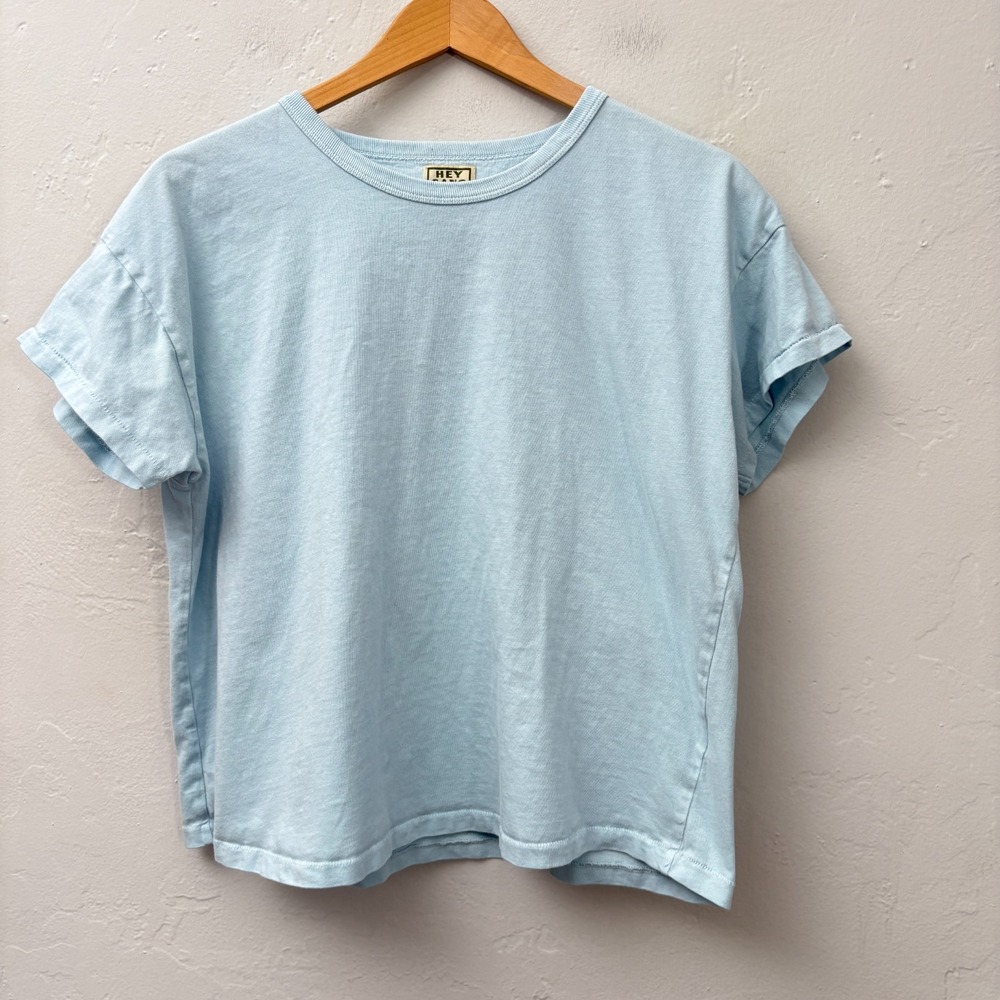 Hey Gang Boxy T Shirt Women Size 2 Light Blue Short Sleeve Flaw